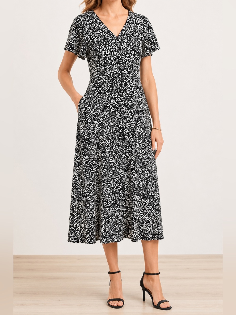 Talbots Size 6 Black White Floral Midi Dress Fit & Flare Lined. EUC
